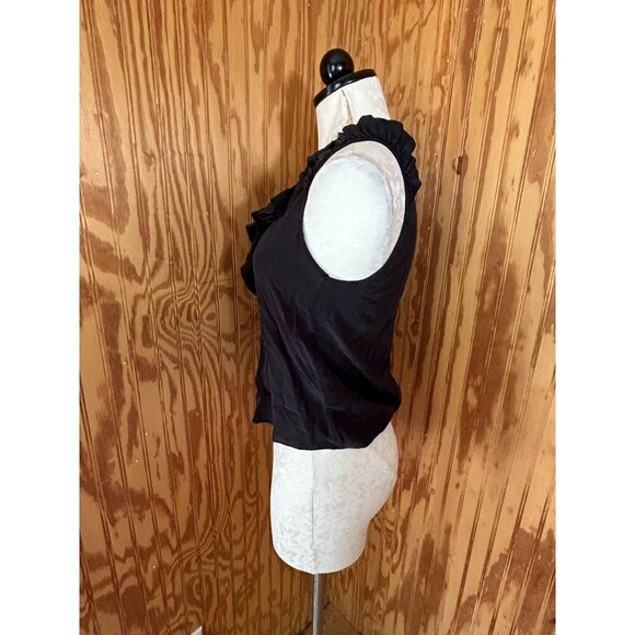 Maeve Anthropologie Blouse Pullover Top Sleeveless Ruffles Silk Black 4 PETITE - Picture 3 of 9